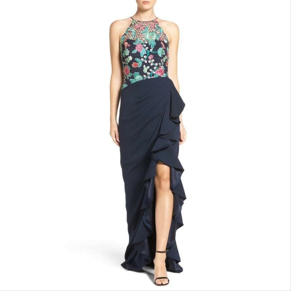 NeW Badgley Mischka Floral Embroidered Ruffle Gown